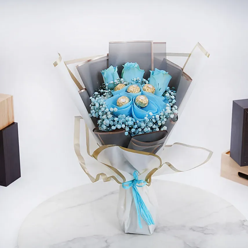 Blue Roses and Rochers Bouquet: Bouquet of Flowers and Chocolates