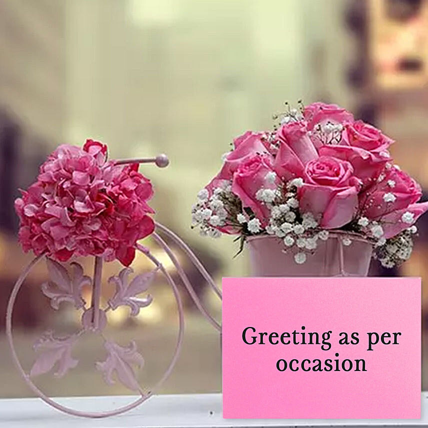 Floral Cycle Arrangement With Greeting Card: Send Greeting Card with Flowers