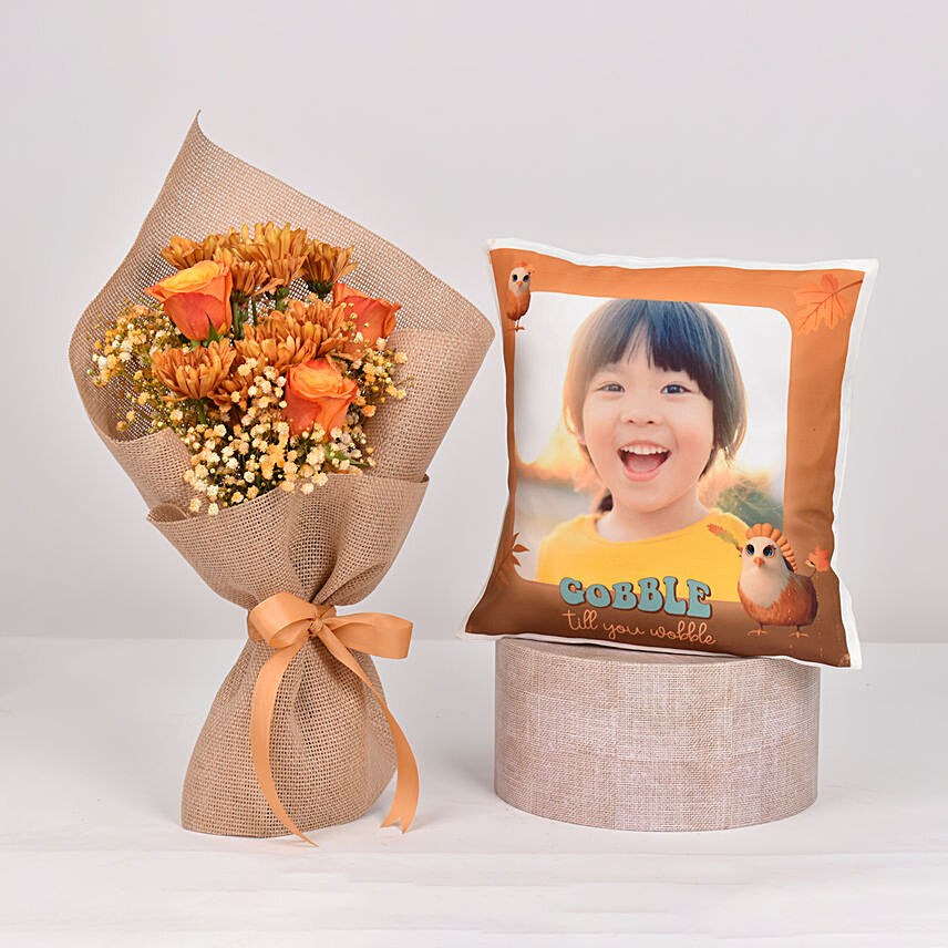 Thanksgiving Personalised Cushion & Flower Bouquet: Roses