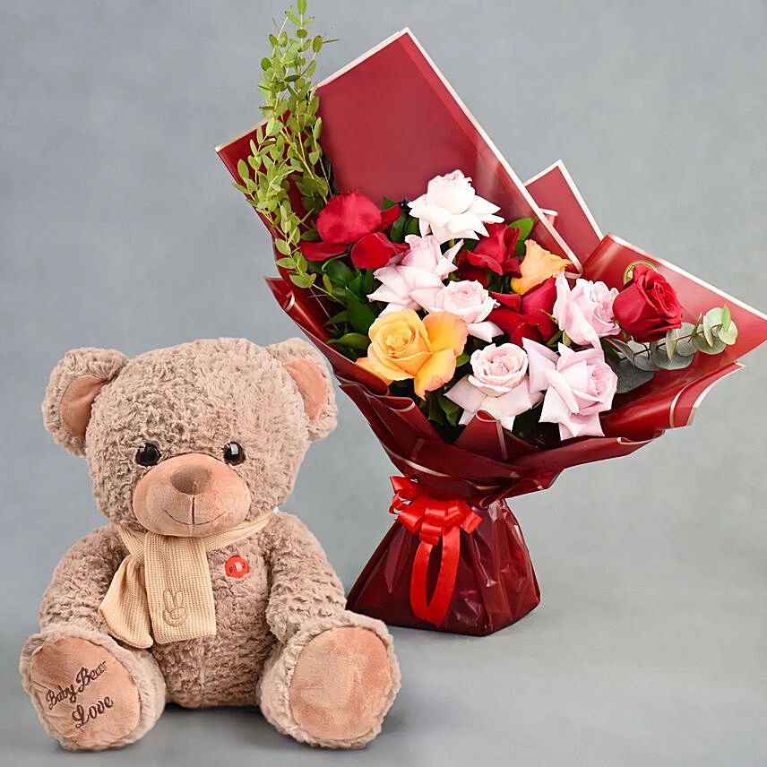 Classic Blooms with Teddy Bear: I Miss U Flowers