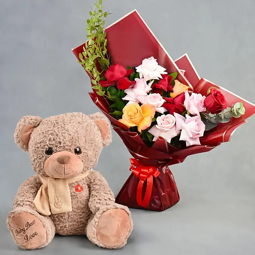 Classic Blooms with Teddy Bear: Miss You Flowers