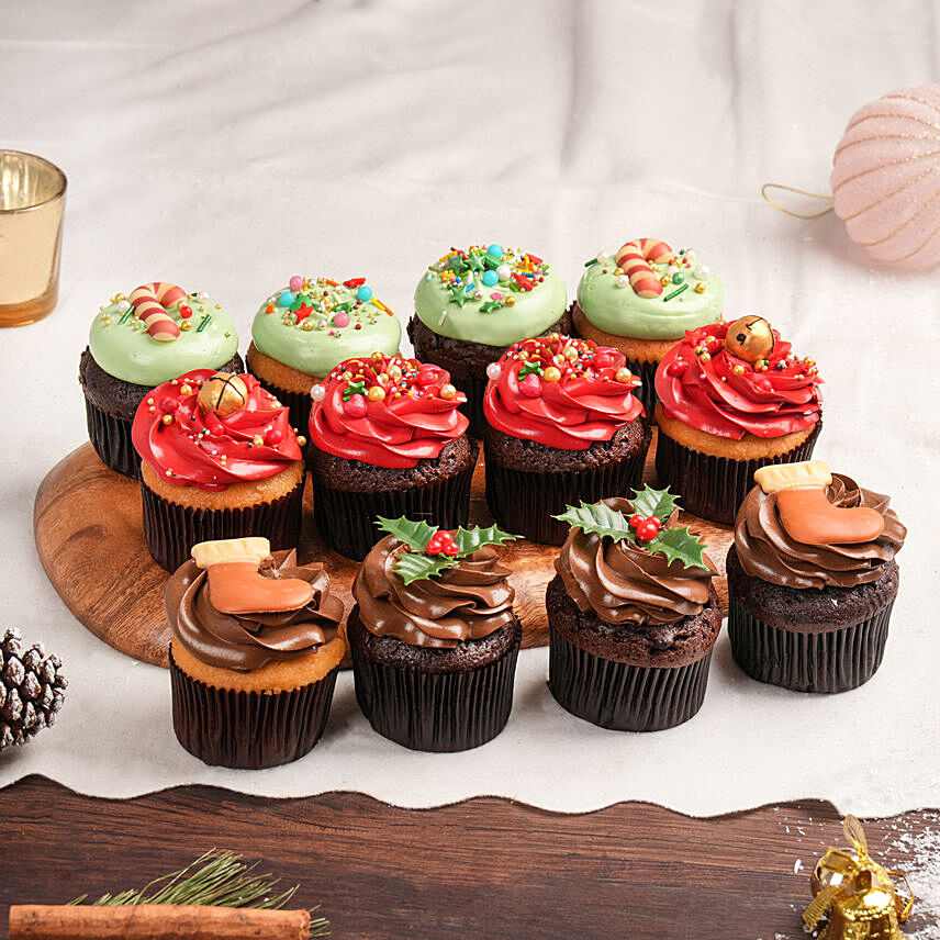Merry Christmas Delicious Cupcakes 12 Pcs: Xmas Cake Delivery