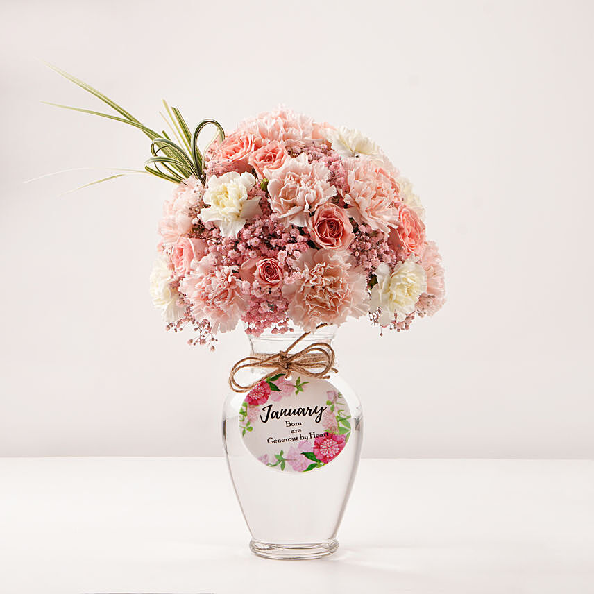January Birthday Wishes Flower Vase: Carnations Bouquets