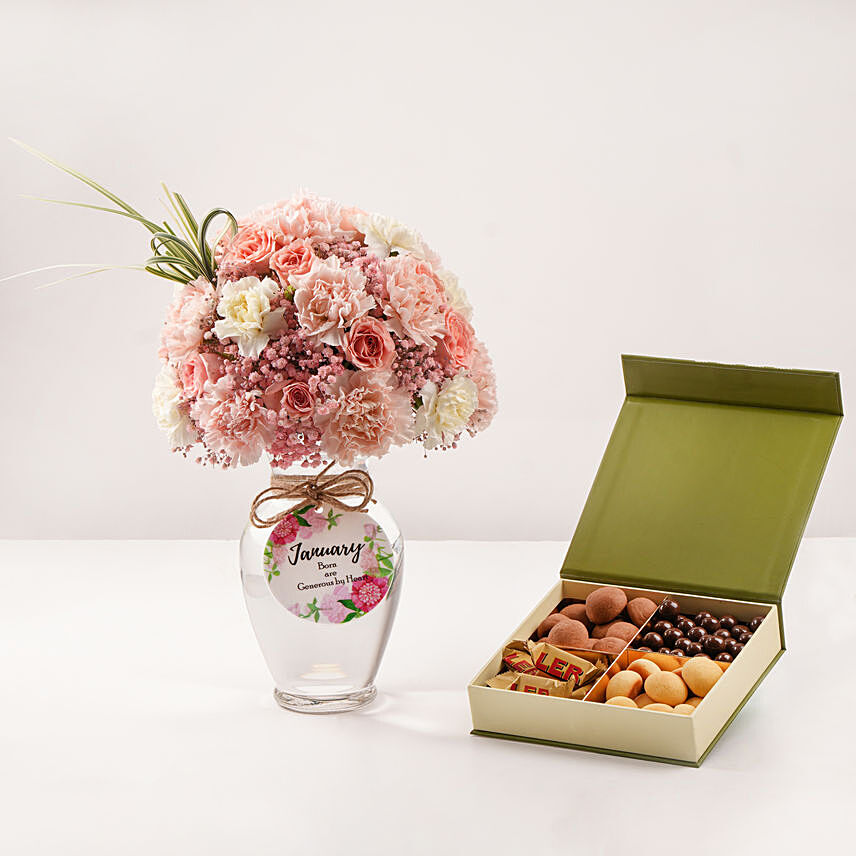 January Birthday Wish Flowers Vase And Sweet Box: Carnations Bouquets