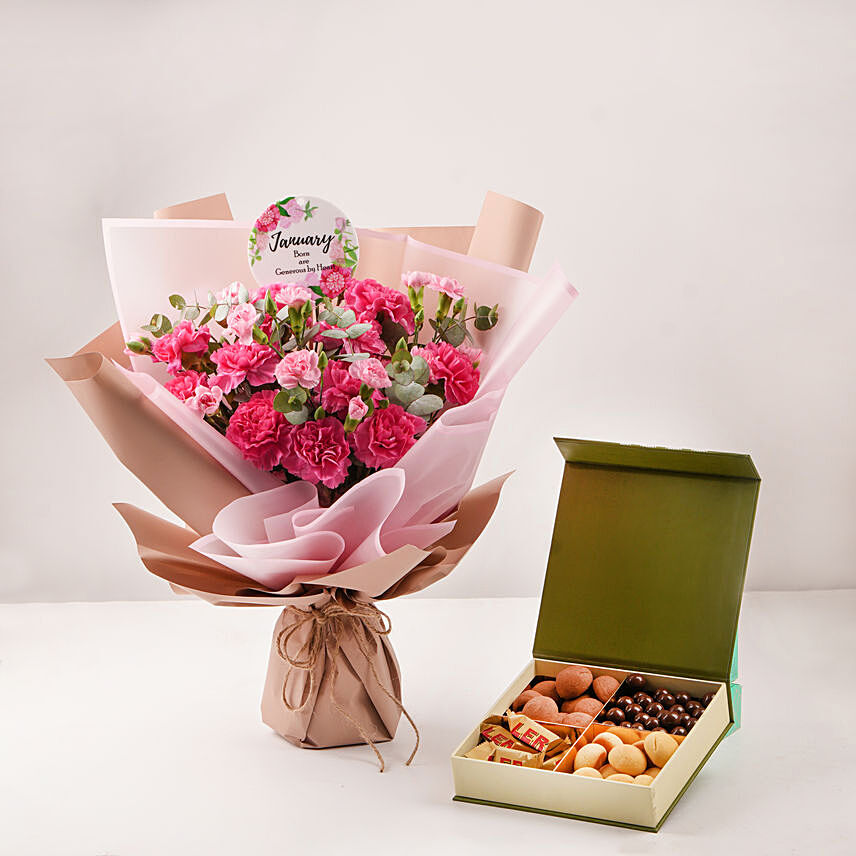 Birthday Wish Carnation Bouquet And Sweet Box: New Arrival Combos