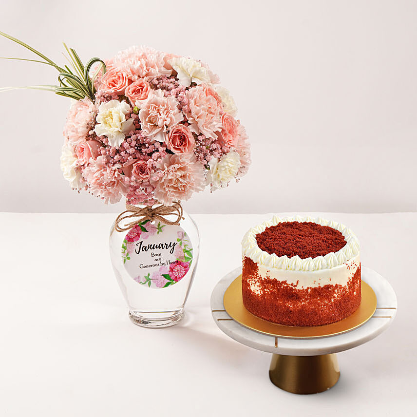 January Birthday Wish Flowers Vase And Cake: Flower Vase Arrangement
