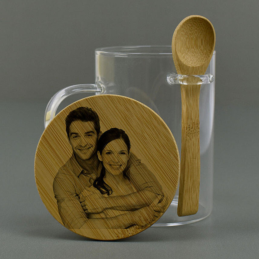 Personalised Glass Mug with Bamboo Lid n Spoon: Engraved Glasses