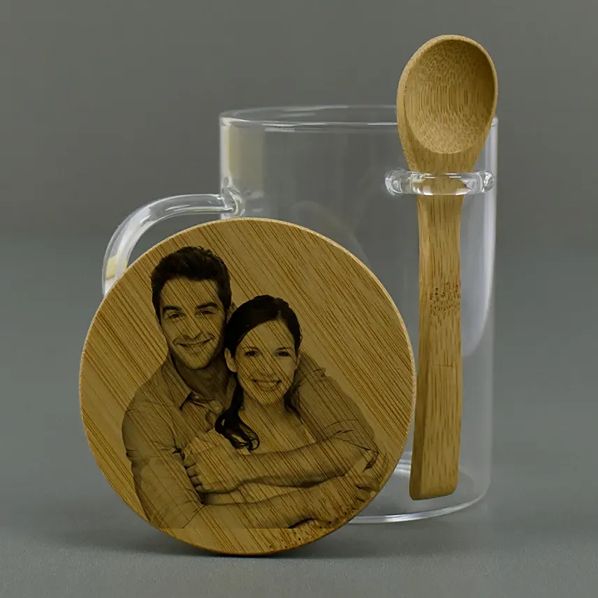 Personalised Glass Mug with Bamboo Lid n Spoon: Personalised Anniversary Gifts