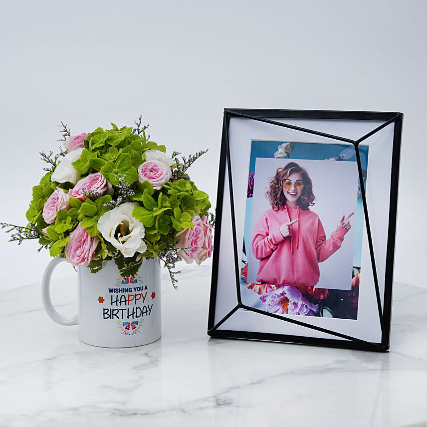 Birthday Flowers in Mug with Photo Frame: Personalised B'day Gift Ideas