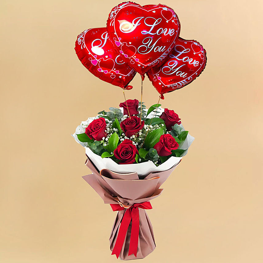 Bunch Of Beautiful 6 Red Rose with I Love You Balloons: Valentines Bouquets