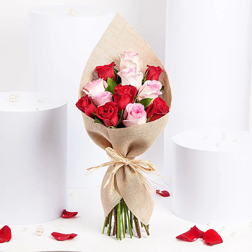 6 Pink 6 Red Roses Warmth Bouquet: Valentines Flowers