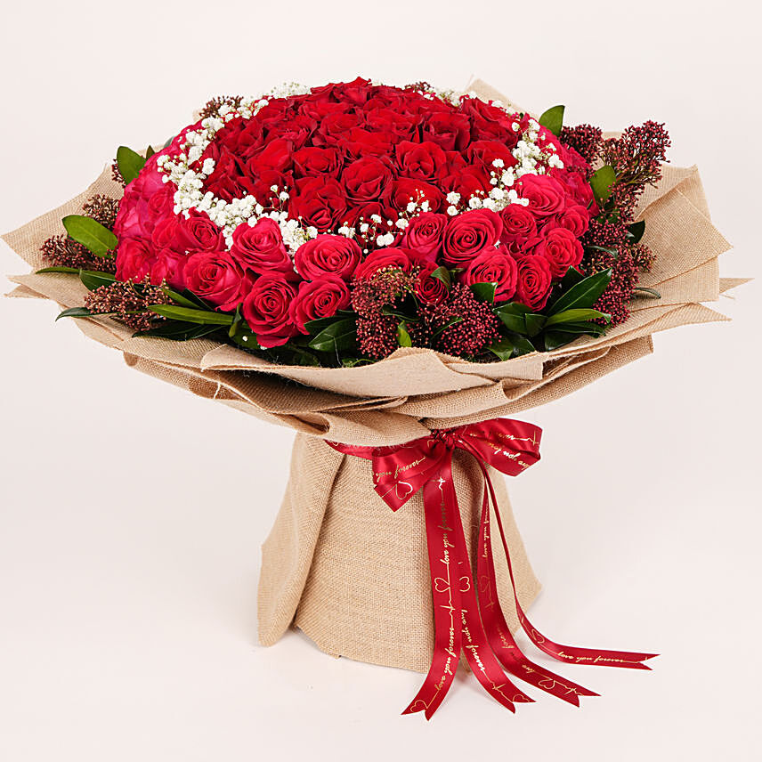 75 Roses and Skimmia Bouquet: Red Bouquets