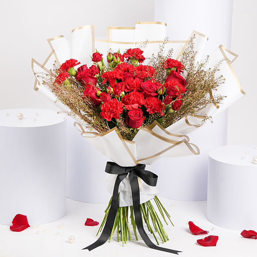 Carnations and Roses Blushes: Red Bouquets