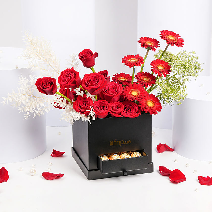 Love in a Box Ensemble: Valentines Chocolates & Flowers