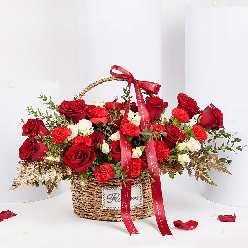 Romantic Rose Basket: Mixed Flowers Bouquet