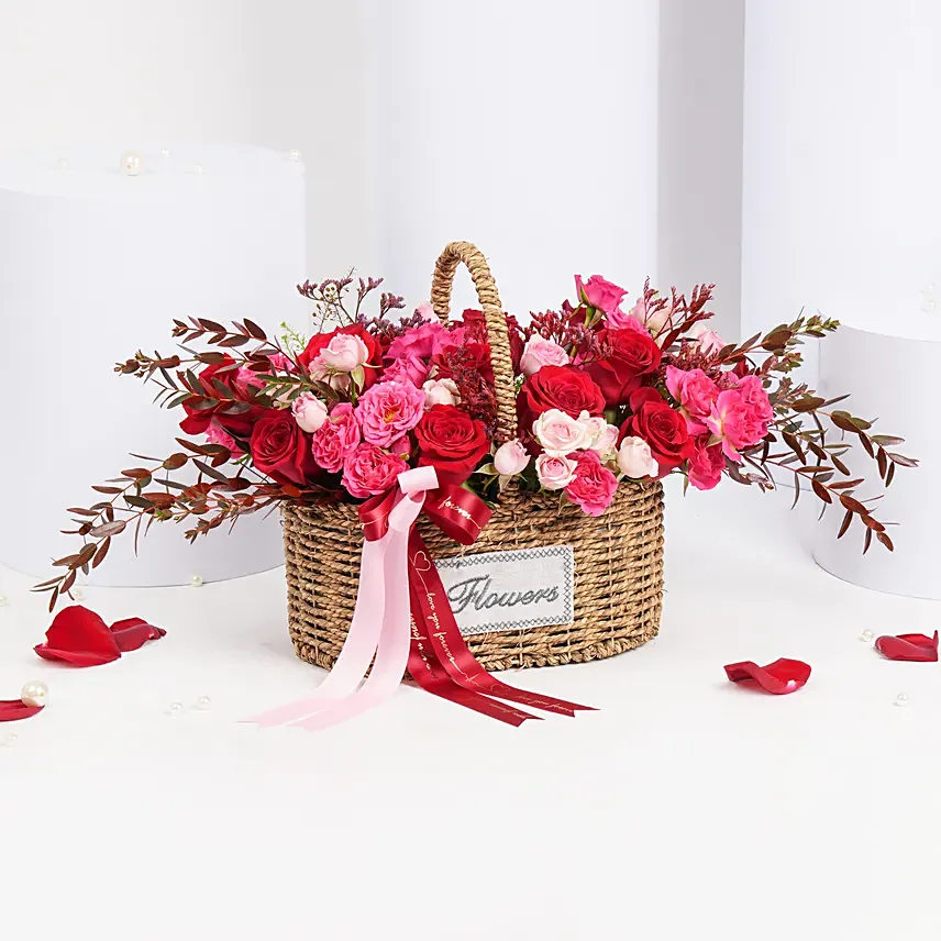 Basket of Love Roses: Mixed Flowers