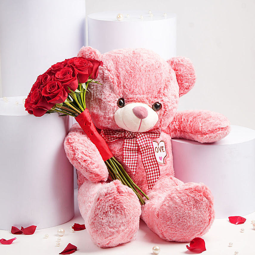 Red Roses with Big Pink Teddy: Valentines Flowers
