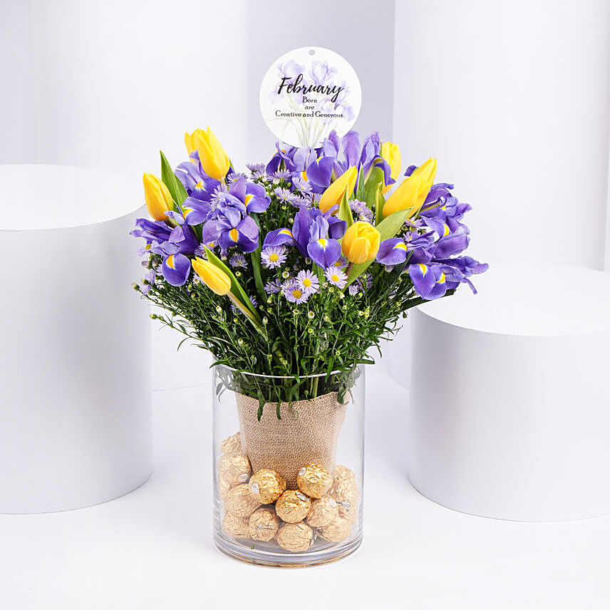 Feb Birthday Flower Iris & Tulips with Rochers: Send Birthday Flowers 