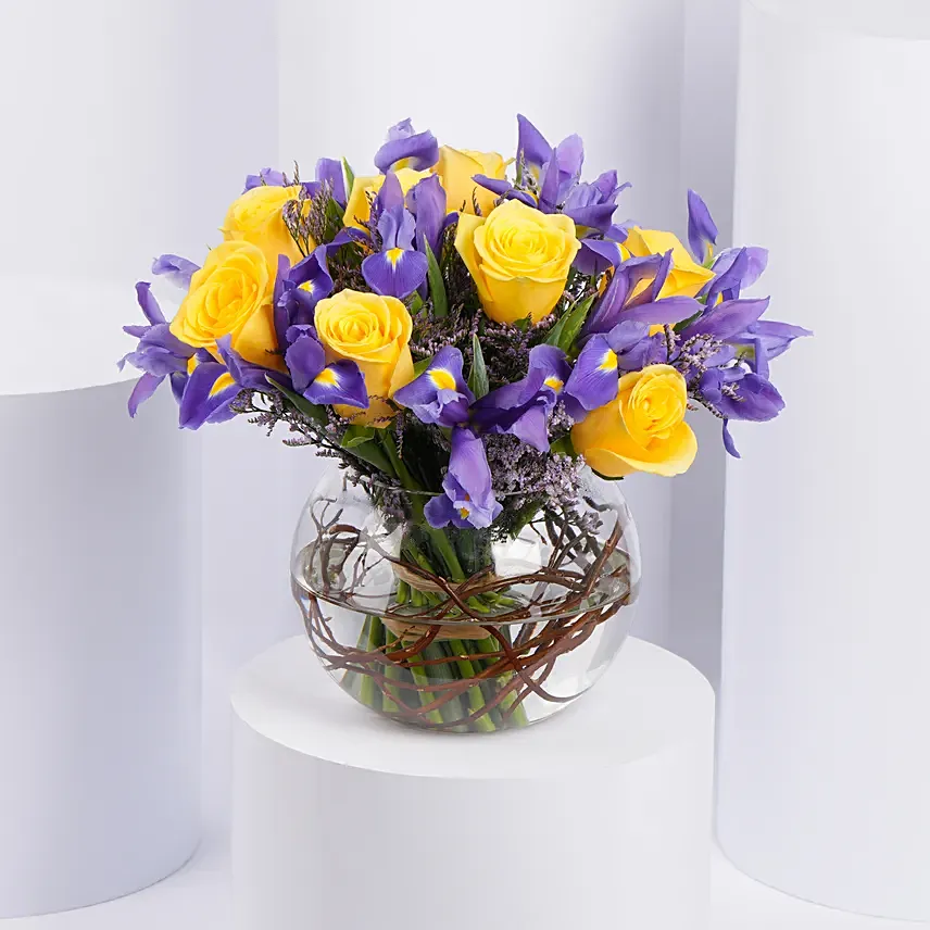 Iris and Rose Fish Bowl Arrangement: Iris Flowers Singapore