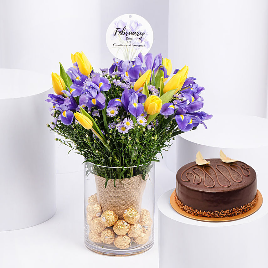 Feb Birthday Flower Iris & Tulips and Cake: Combo Gifts