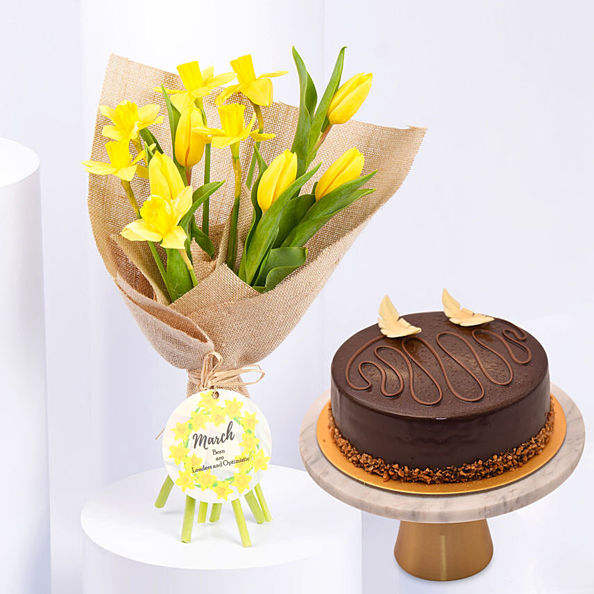 Daffodils & Tulips Birthday Flower Bouquet with Cake: Flower Arrangements With Cake