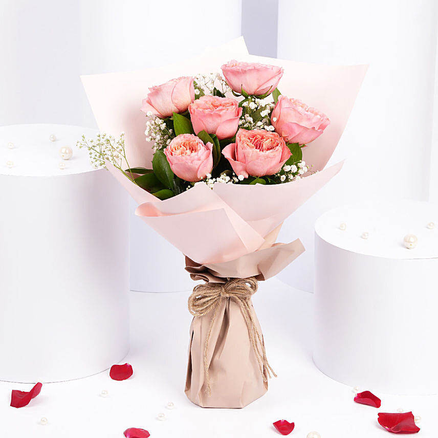 6 Pink Garden Roses Premium Bouquet: Birthday Flower Bouquets
