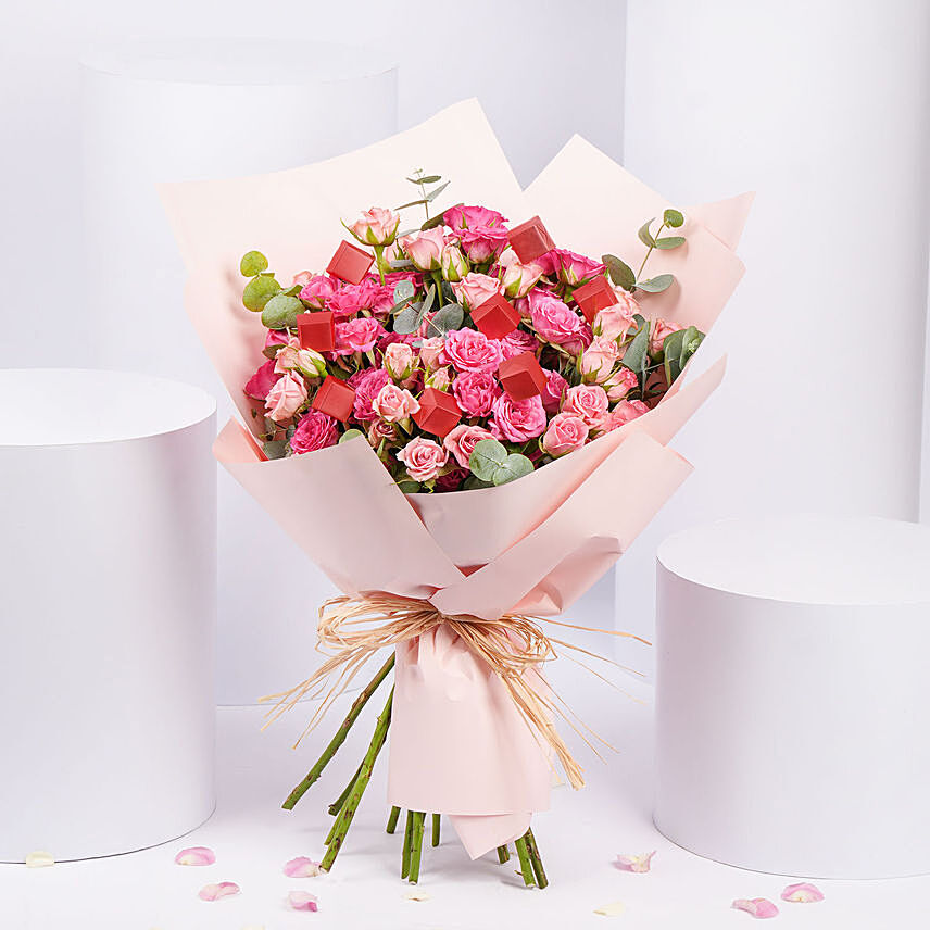 Blushing Pink Spray Roses With Chocolates: Anniversary Gifts