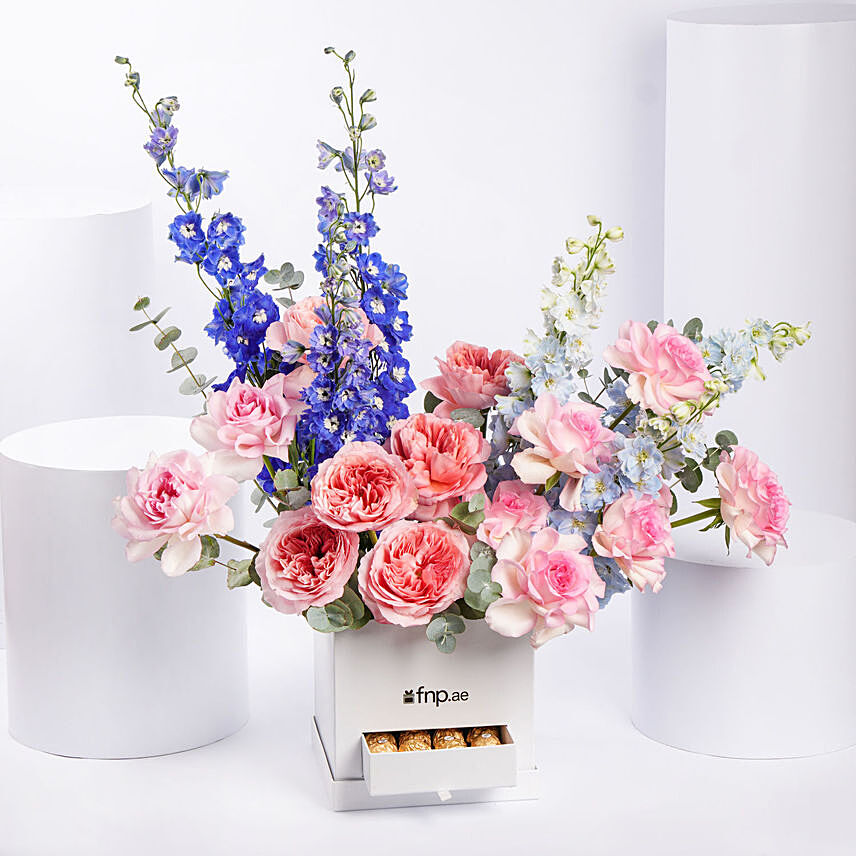 Garden Roses and Delphinium Arrangement: Flower and Chocolates For Anniversary