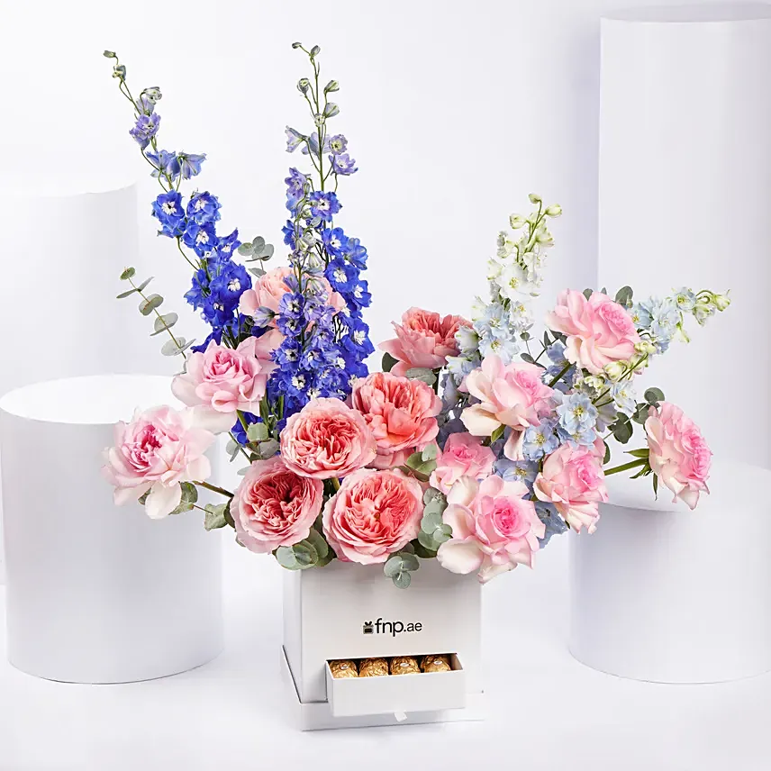 Garden Roses and Delphinium Arrangement: Anniversary Flowers