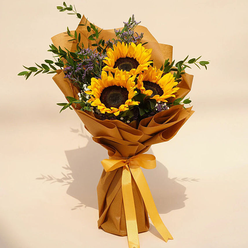 Mesmerising Sunflowers Beautifully Tied Bouquet: Yellow Floral Bouquet