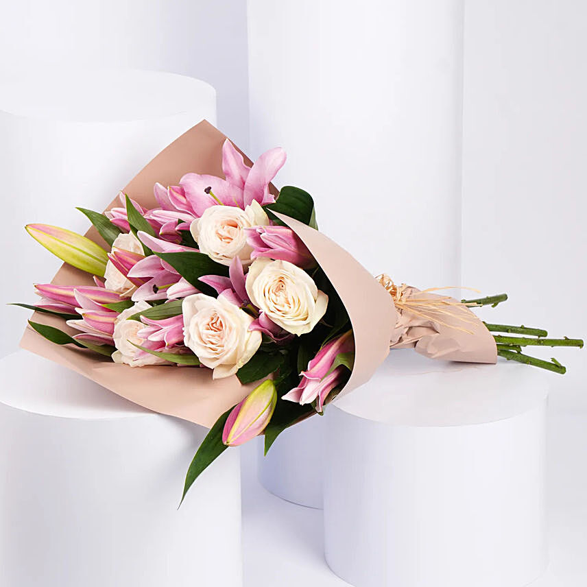 Pink Liilies and Ohara Roses Fragrant Ripples Bouquet: Mixed Flowers Bouquet