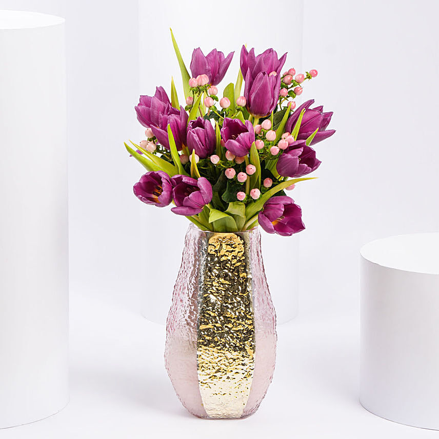 Tulips and Hypericum in Premium Vase: Happy Birthday Flowers