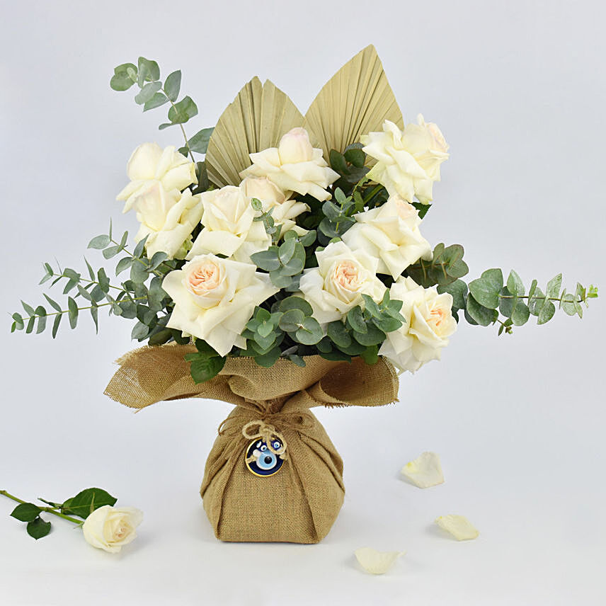White Rose Bouquet with Evil eye: All Types of Flowers