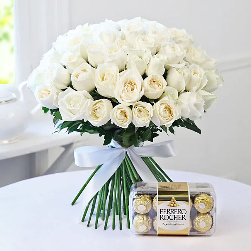 White Roses Bunch N Ferrero Rocher: Flower and Chocolates For Anniversary