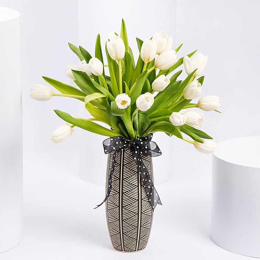 White Tulips in Designer Vase: Bouquet of White Flowers