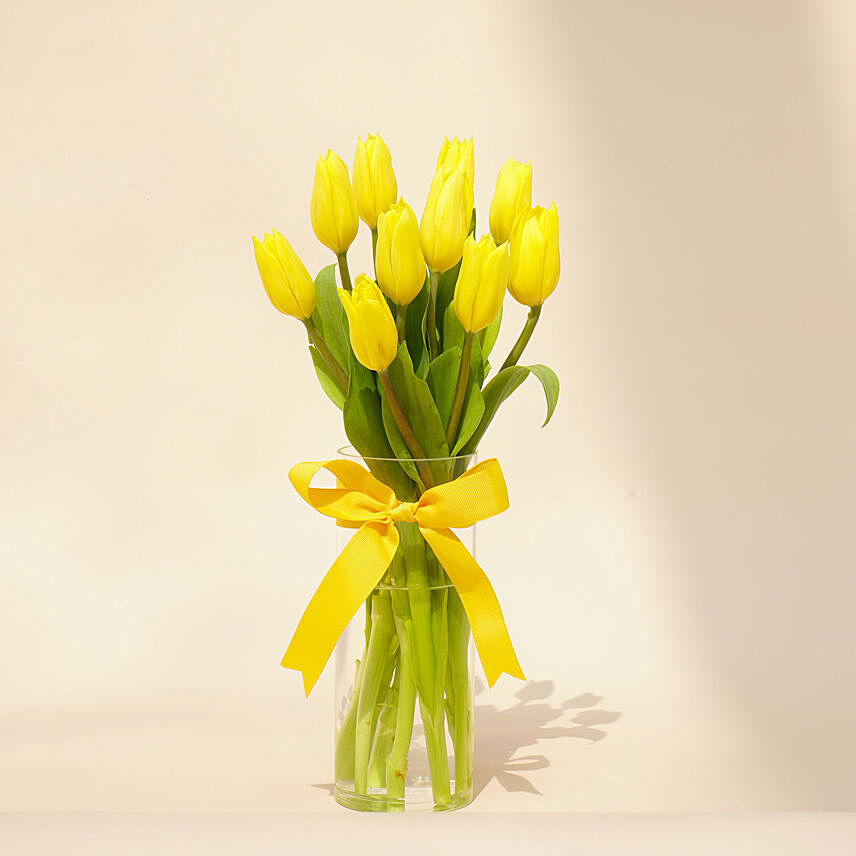 Yellow Tulips Glass Vase: Yellow Floral Bouquet
