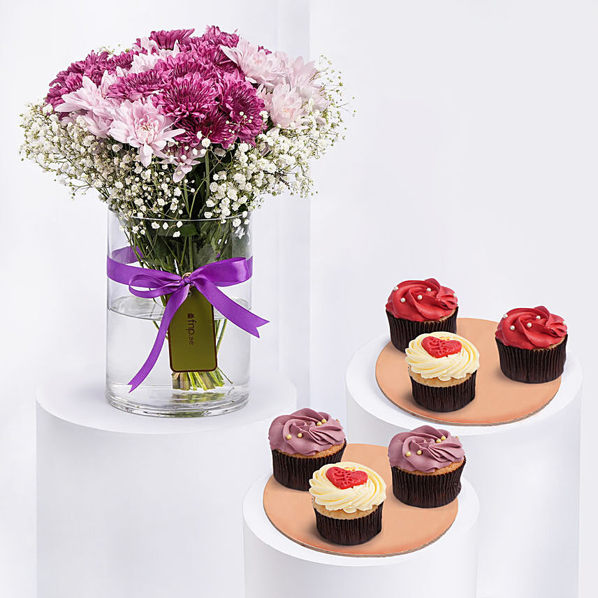 Chrysthemum Flower with Cupcakes: Gift Combos Singapore