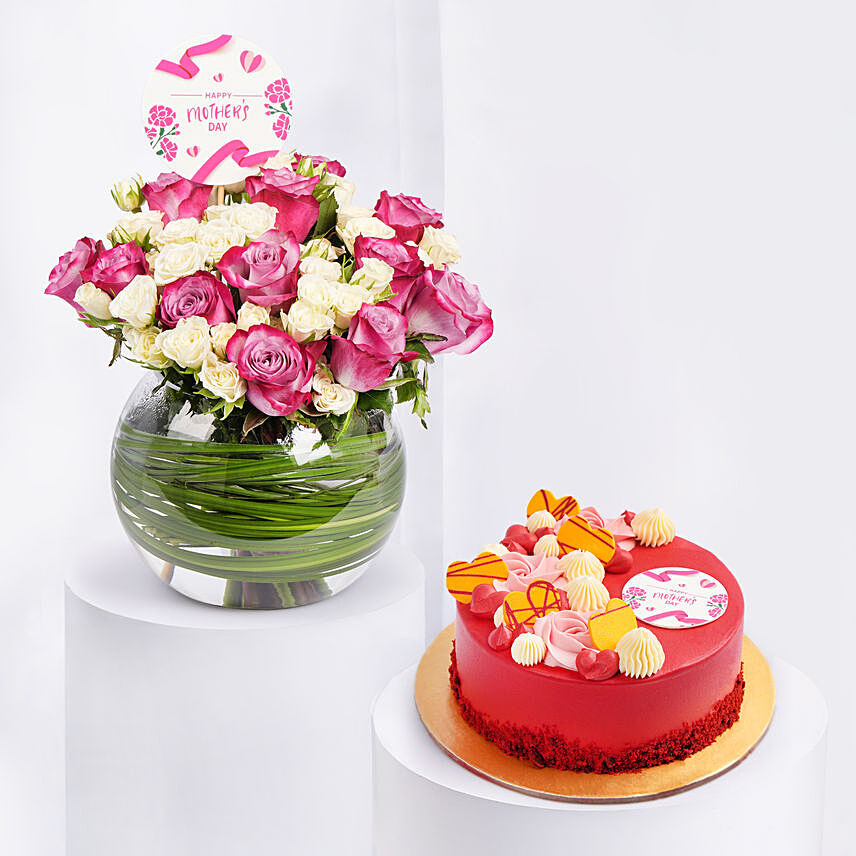 Mixed Flowers For Mothers Day Wishes with Cake: Flowers With Cake 