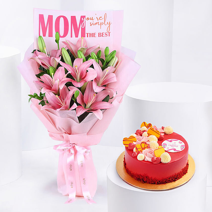 Moms Love Lily Flower Bouquet with Cake: Combo Gifts