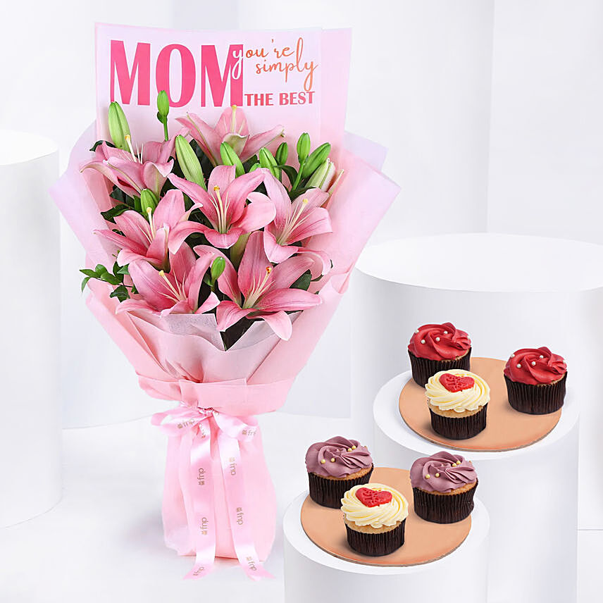 Moms Love Lily Flower Bouquet with Cupcakes: Mothers Day Cupcakes