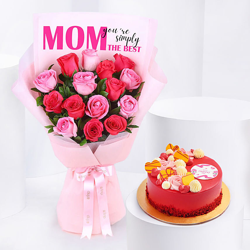 Mothers Love Roses Bouquet with Cake: Mothers Day Cake Singapore
