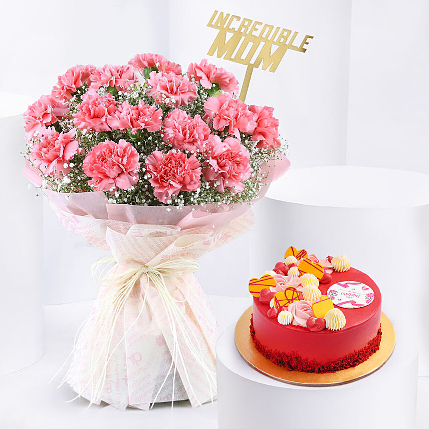 Pink Carnations Elegance for Mom with Cake: Last Minute Gifts