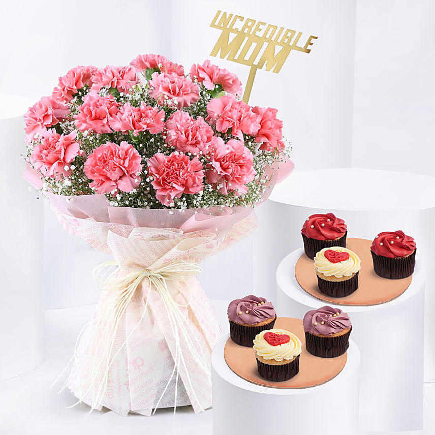 Pink Carnations Elegance for Mom with Cupcakes: Gift Combos Singapore