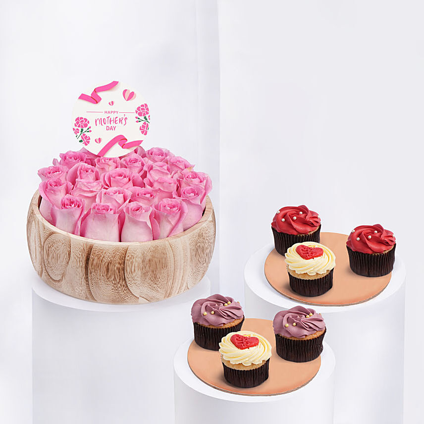 Pink Roses in Wodden Tray with Cup Cake For Mom: Gift Combos Singapore