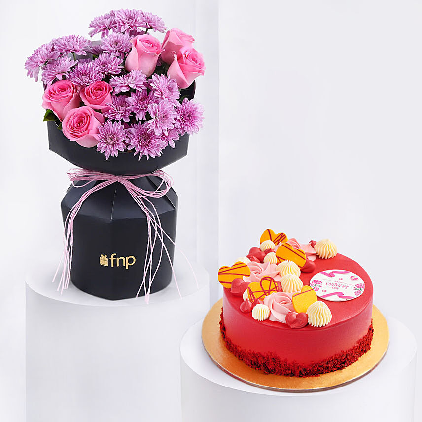 Roses and Daisy Ensemble with Cake: Flower Arrangements With Cake