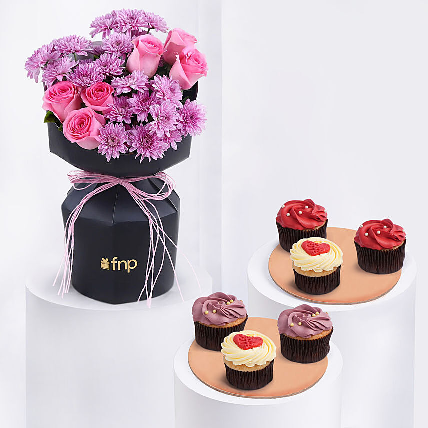 Roses and Daisy Ensemble with Cupcakes: Combo Gifts