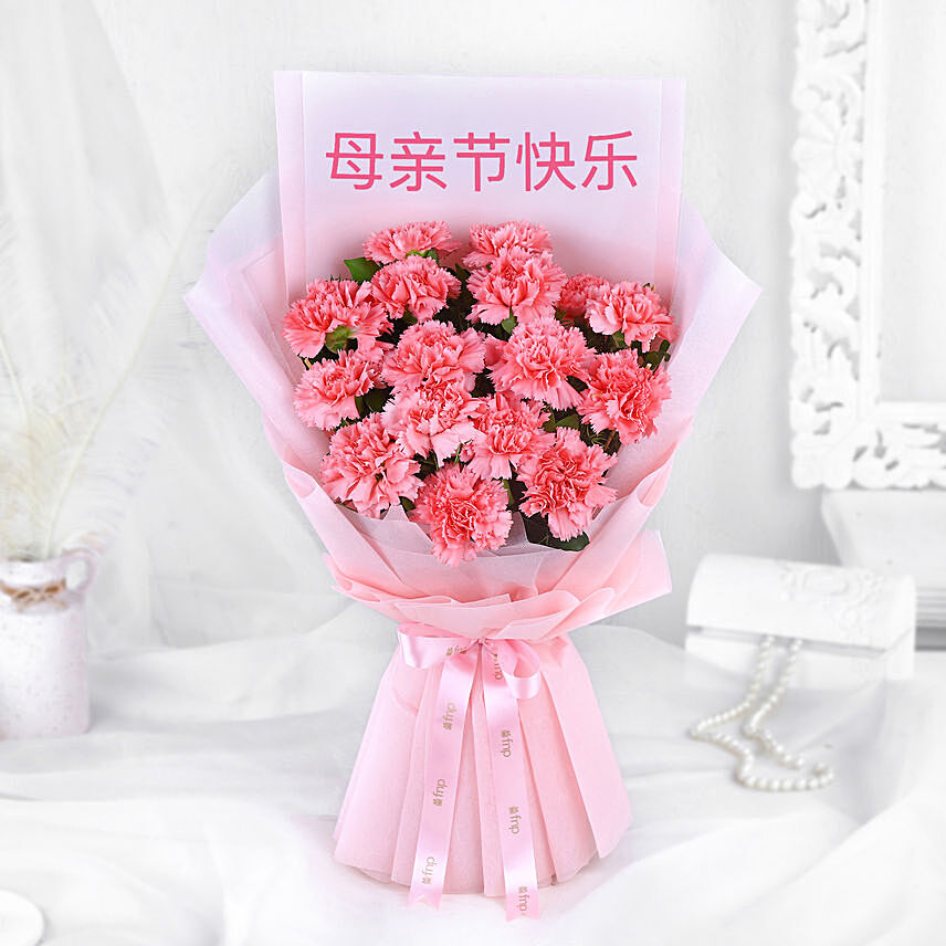 Mothers Day Carnations Hand Bouquet: Pink Flowers