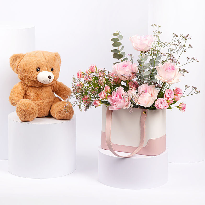 Pink Roses in Bag with Teddy: Gift Combos Singapore
