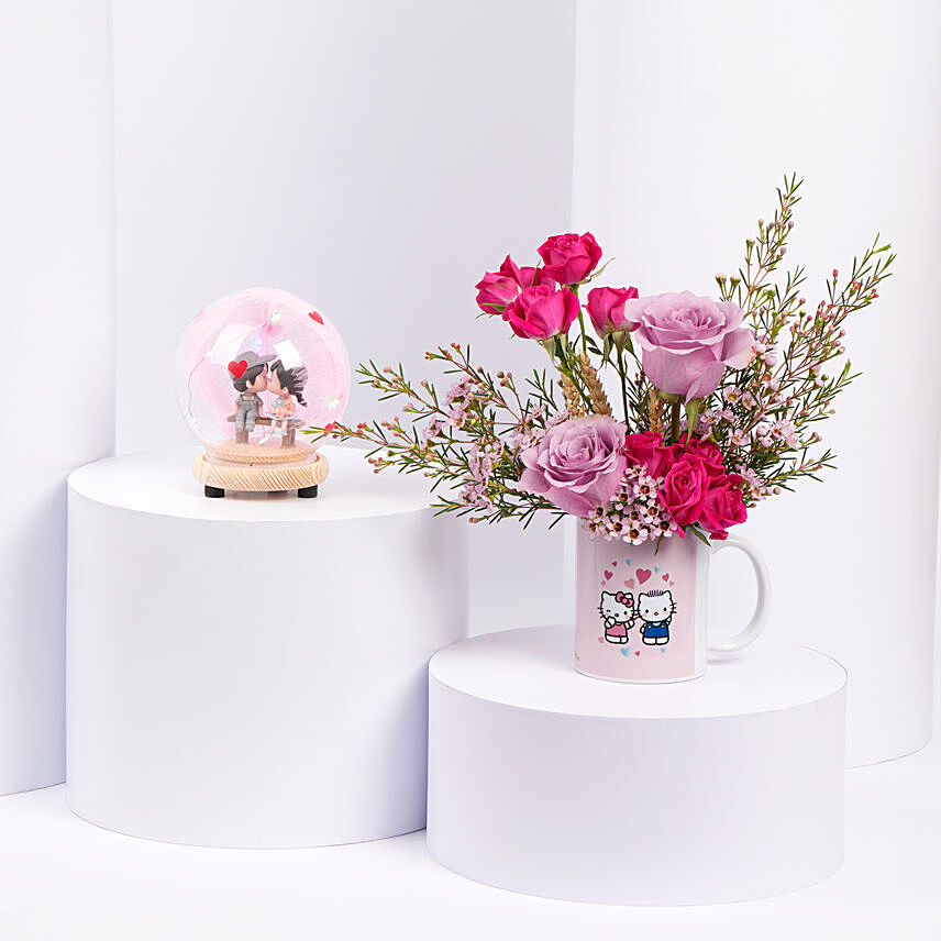 Roses in Hello Kitty Printed Mug with Couple Globe: All Types of Flowers