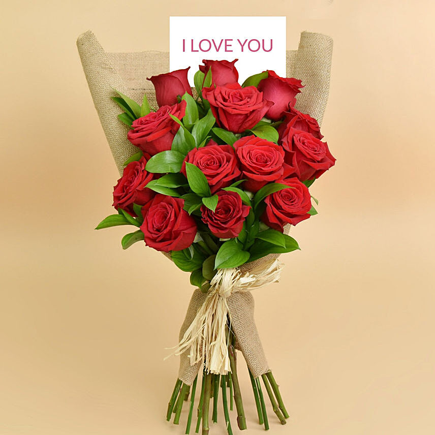 12 Red Roses Love Bouquet For 520 V-day: Fresh Flowers 